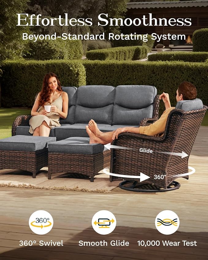 High Back Outdoor Furniture with Extra Thick Cushion Patio Swivel Rocking Chairs, Comfort 3-Seat Sofa, 5PCS Oversized Wicker Conversation Set for Porch, Deck, Yard in Dark Gray