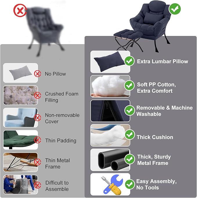 Lazy Chair with Ottoman, Modern Accent Chair with Lumbar Pillow, Navy Blue Sofa, Armchairs with Folding Footrest, Oversized Supportive Chairs for Bedroom, Reading