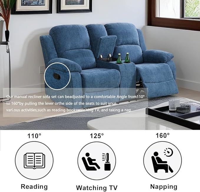 Microfiber Fabric Recliner Loveseat Couch Manual Reclining Couch Living Room Furniture 2 Seater Reclining Sofa with Cup Holders & Middle Storage Console for Home/Office/Rv Car (Blue, Loveseat)