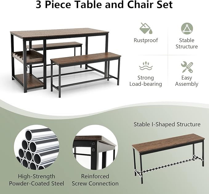 COSTWAY 3-Piece Dining Table Set for 4, Rustic Pub Dining Table with 2 Benches, 2 Storage Shelves and Glass Holder, Breakfast Kitchen Table and Chairs Set for Small Space Kitchen Restaurant Bar
