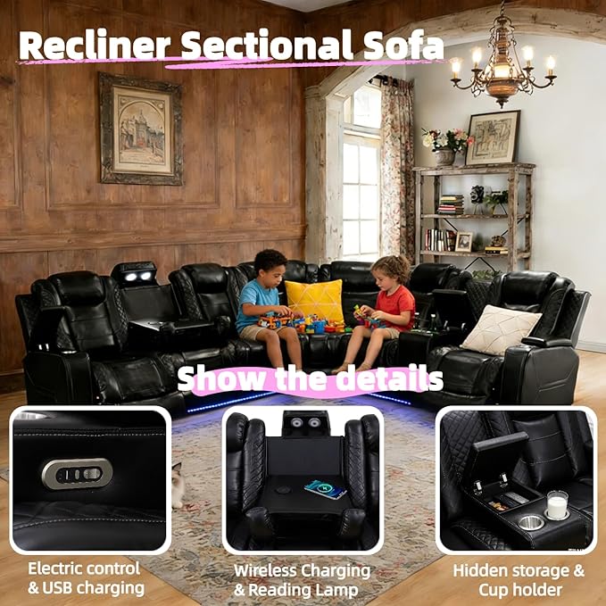 Power Reclining Sofa Set with LED Light, Living Room Furiture Set,Leather Reclining Sectional Couch with USB Port/Cup Holder for Living Room Home Office