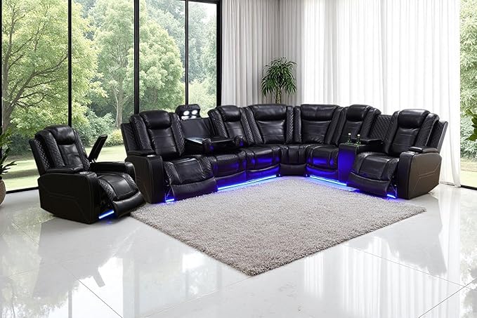 Power Reclining Sectional Sofa Set with LED Light, Leather Sectional Couches, Living Room Furniture Sets, Modern Power Recliner Sofa Sets with 3 Recliner Seater, Couches for Living Room