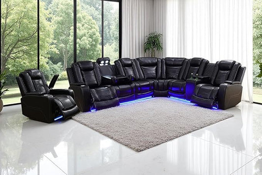 Power Reclining Sectional Sofa Set with LED Light, Leather Sectional Couches, Living Room Furniture Sets, Modern Power Recliner Sofa Sets with 3 Recliner Seater, Couches for Living Room