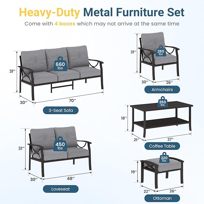 RoyalCraft Outdoor Patio Furniture Set, 9 Seats Outdoor Patio Set with 4" Thick Cushion, All-Weather Metal Patio Sofa with Coffee Table, Outdoor Sectional Furniture for Porch Backyard, Khaki&Grey