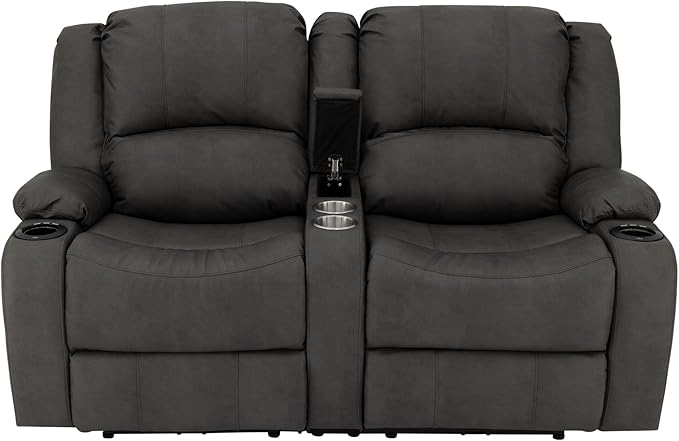 RecPro Charles 64" Powered Recliner RV Sofa with Console and Cupholders | Zero Wall Loveseat for Camper | Wall Hugger Couch with 2023 Updated Fabric (Gunmetal)