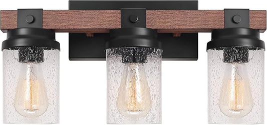 Farmhouse Vanity Light Fixtures, 3-Light Rustic Bathroom Lights Over Mirror with Pretty Glass Shade, Industrial Black Metal Wood Wall Decor Sconces for Living Room Hallway Stairway UL-Listed