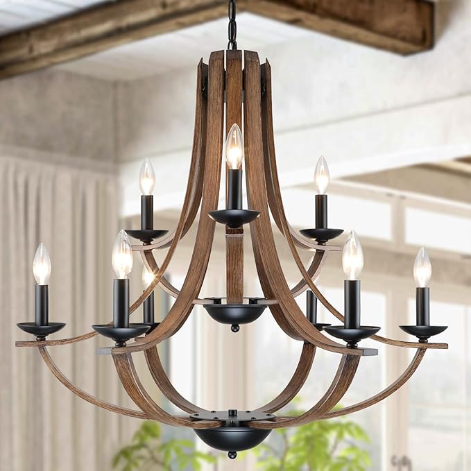 Farmhouse Chandeliers for Dining Room Light Fixture,2 Tier 9-Light 31" Adjustable Height Retro Faux Wood Texture Rustic Light Fixtures for Living Room Bedroom Foyer Entryway