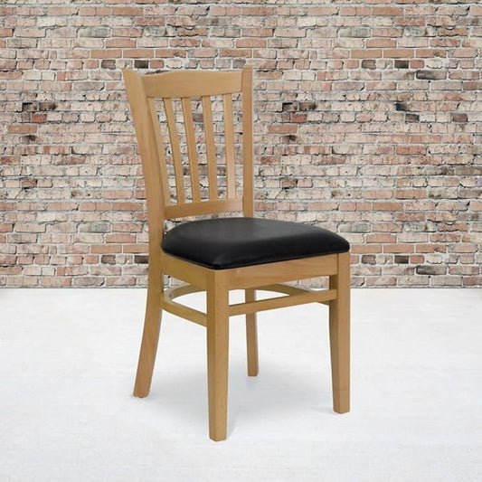 Flash Furniture 2 Pk. HERCULES Series Vertical Slat Back Natural Wood Restaurant Chair - Black Vinyl Seat
