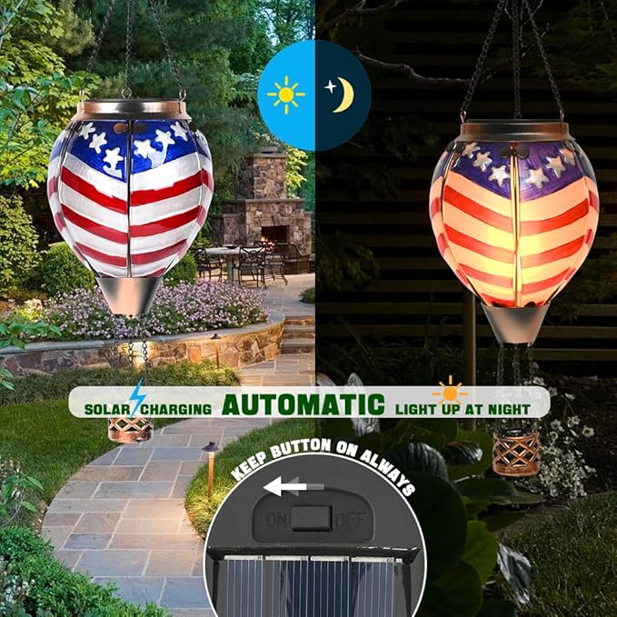Hot Air Balloon Solar Lantern - U.S Flag Patriotic Glass Lantern, Simulated Flickering Dancing Flame, Outdoor Hanging Yard Light Waterproof IP65, Ideal 4th of July Gift for Patriot Patio Decor