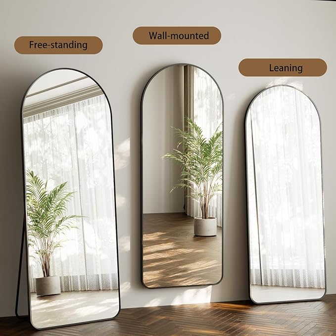 HARRITPURE Arched Full Length Mirror - 64"x21" Large Floor Standing Mirror, Aluminum Frame Full Body Mirrors with Stand for Bedroom/Living Room Wall Mounted, Black