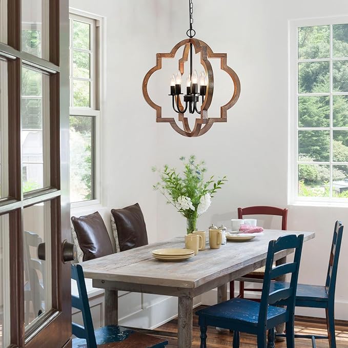 21.65'' Farmhouse Wood Chandelier, 6-Light Rustic Dining Room Light Fixture, Orb Chandelier Light Adjustable Height, Wood Pendant Lighting for Kitchen Island Foyer Living Room Hallway