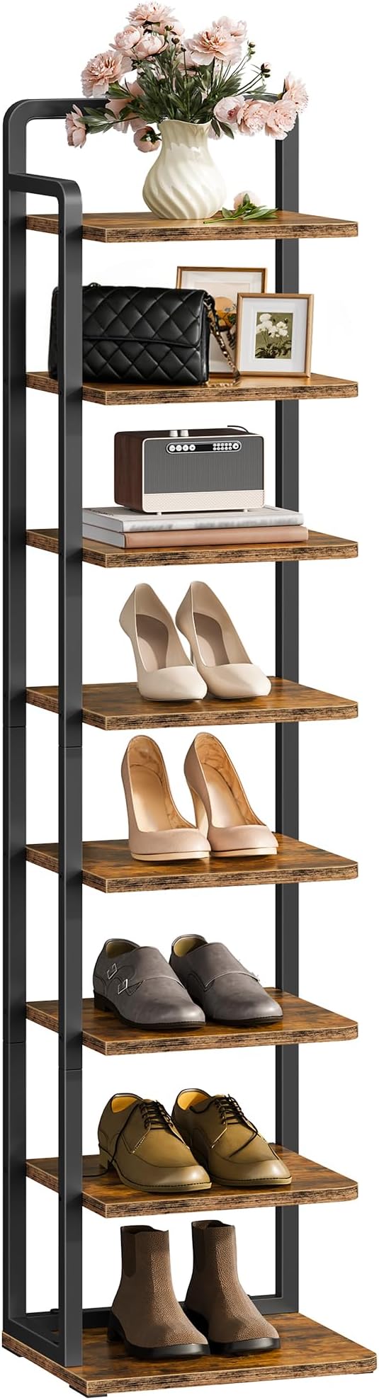 8-Tier Vertical Shoe Rack, Narrow Shoe Tower, Corner Shoe Storage Organizer, Shoe Shelf, for Small Spaces, Industrial Style, for Entryway, Hallway, Living Room, Rustic Brown and Black TXJ08BF