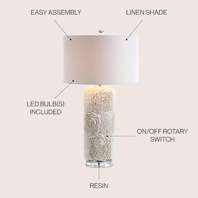 JONATHAN Y 28.5" Cream Seashell Resin and Crystal LED Table Lamp, Coastal Floral Mosaic Column Lamp with White Linen Drum Shade for Living Room, LED Bulb Included JYL1006A