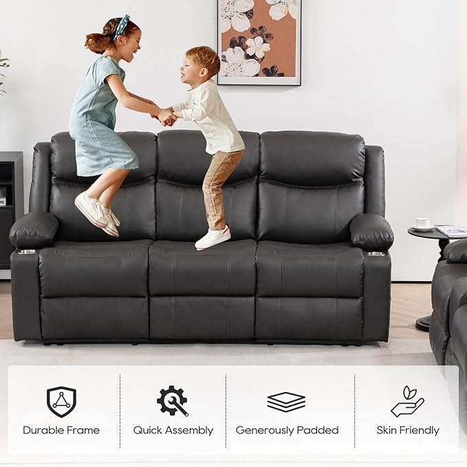 Recliner Sofa Set - Reclining Sofa Couch Set, 2 Pieces Recliner Furniture Sofa Set, 3-Seater Reclining Sofa & 2-Seater Reclining Loveseat with Massage & Heat for Living Room (Grey) | Side Pocket, Hidden Drawer, Cup Holder