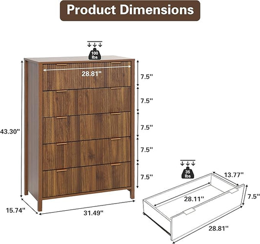 Fluted 5 Drawer Tall Dresser for Bedroom, Mid Century Modern Nightstand with Drawers, Tall Bedside Table for Closet Cloth, Living Room End Table with Storage for Dorm -Walnut