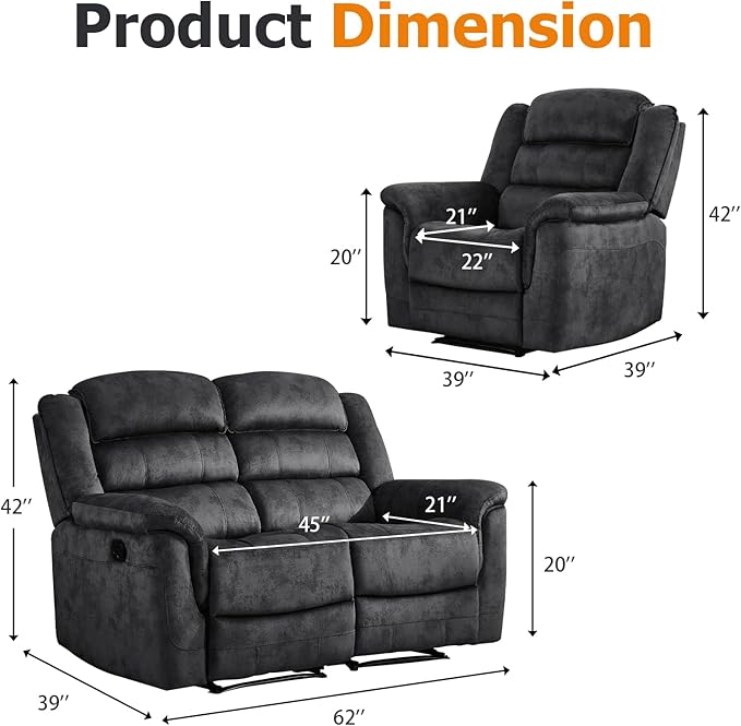 EBELLO 2 Pieces Reclining Loveseat Couch Furniture Set, Soft Fabric Manual Recliner Sofa Home Theater Seating, Manual Recliner and Wide 2PC Bonded Recliner Sofa Set for Living Room, Grey