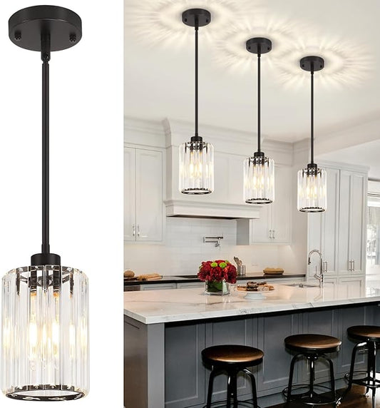 3 Pack Black Pendant Light, Modern Crystal Pendant Lights Kitchen Island Lighting, Hanging Light Fixtures Mini Chandelier Pendant Lights for Island Dining Room Hallway Bedroom
