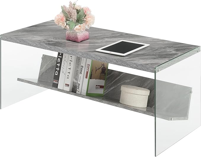 Convenience Concepts SoHo Glass Coffee Table 40" - Modern Living Room Table with Storage Shelf, Contemporary Coffee Table for Family Room, Gray Faux Marble