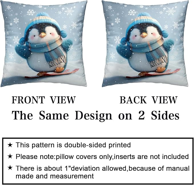 Winter Pillow Covers 18x18 Set of 2 Adorable Skiing Penguins Throw Pillow Covers Snowflakes Pillow Case Double Sided Printing Cushion Case for Home Decor Couch Sofa