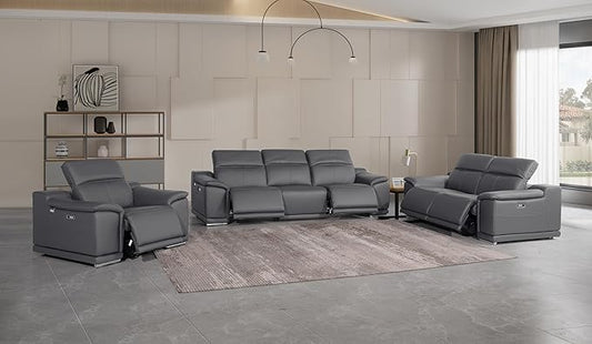 BlackJack Furniture Venice Top Grain Italian Leather Recliner 6 Seater 5 Power 3 Piece Sofa Set with Adjustable Headrests Modern Seating Sofa, Loveseat and Chair for Living Room Lounge, Dark Grey