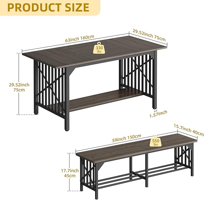 DWVO 3-Piece Dining Table Set for 4-6 People with 2 Benches, 63" Dining Room Table, Industrial Rectangular Dining Room Table Set with Storage for Kitchen, Dining Room, Grey