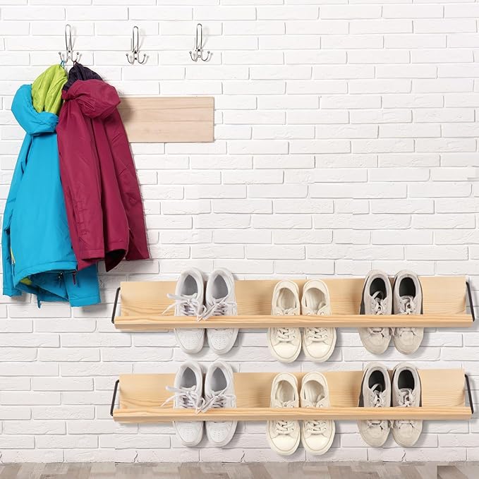 Mifoci 2 Pcs Wall Mounted Shoe Rack Organizer Wooden Modern Compact Wall Space Saving Shoe Holder Storage for Sneaker Footwear Slipper Boots Entryway Narrow Spaces Hallway(39.37'' Long)