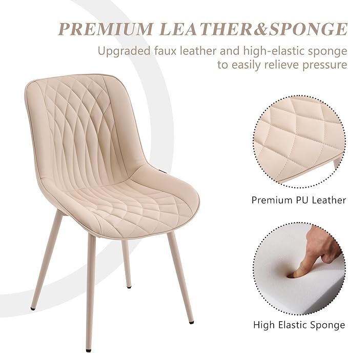 YOUNIKE Cream Faux Leather Dining Chairs Set of 2 Mid-Century Modern High Padded Back Comfy Upholstered Kitchen Chairs with Metal Legs Wide Seat Accent Side Chair for Dining/Living/Waiting Room