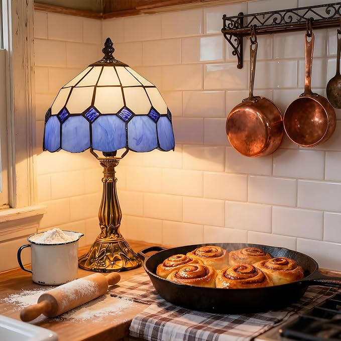 Table Lamp Tiffany-Style 8 Inch Mediterranean Series Stained Glass Lampshades Small Bedside Lamp Reading Antique Desk Light Livingroom Bedroom Office Vintage Art De(Color:Blue)
