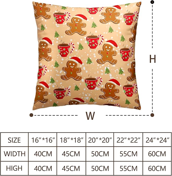 Cute Gingerbread 20x20 Pillow Covers Set of 2 Christmas Cookies Candy Cane Hot Cocoa Pillows Cases Xmas Holiday Outdoor Orange Decorative Pillowcases for Sofa Chair Patio Bed Couch