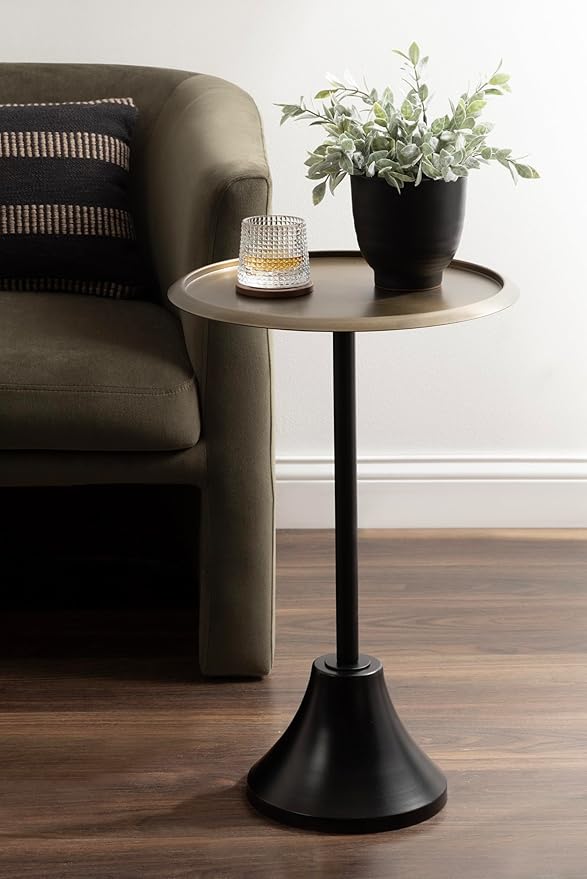 Kate and Laurel Sanzo Modern Pedestal Round Side Table, 15 x 15 x 24, Antique Brass and Black, Circle End Table with Metal Tabletop for Use as Indoor Plant Stand or Bedroom Nightstand