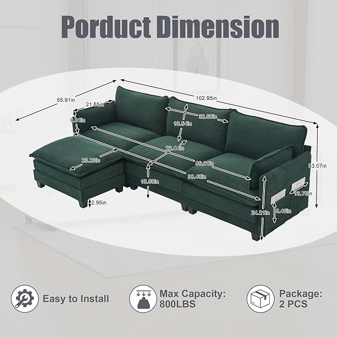 103" Oversized Modular Sectional Sofa Couch with Reversible Ottoman, Free Combination Convertible Corner Couch,Corduroy Upholstered Cloud Sectional Couch with Side Pockets | Multiple Cushions, DIY Combination, Removable Cover