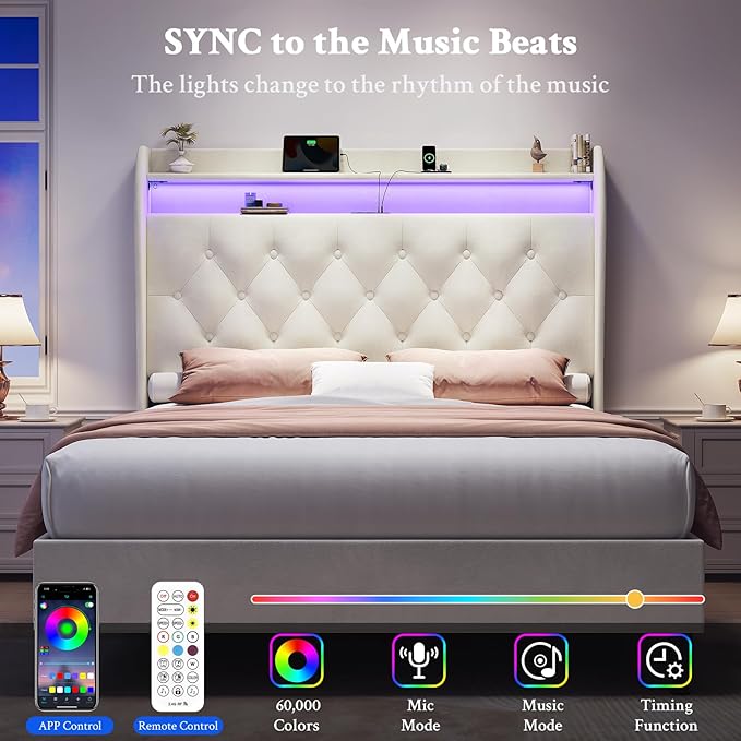 Queen Bed Frame with Tall Headboard, Velvet Upholstered Platform Bed with LED Lights & Charging Station, 52.7"-55" Adjustable/Modern Tufted Wingback Storage Headboard, No Box Spring Needed, Cream