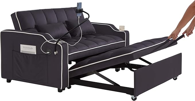 Convertible Sofa Bed, 3 in 1 Futon Sofa Bed with USB Charging Ports, Cup Holder, Phone Stand & Pocket, Modern Upholstered Sleeper Sofa for Living Room, Apartment or Small Space (Grey-L)