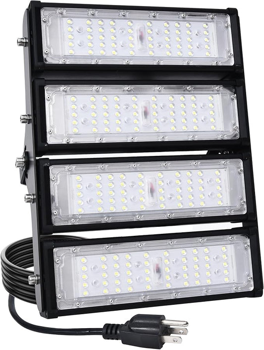 WERISE 200W Stadium Lights Outdoor, IP66 Waterproof 40000LM 200LM/W Super Bright LED Flood Light with Plug, 6000K Daylight White 100-277V Floodlight Security Lighting for Yard Parking Lot