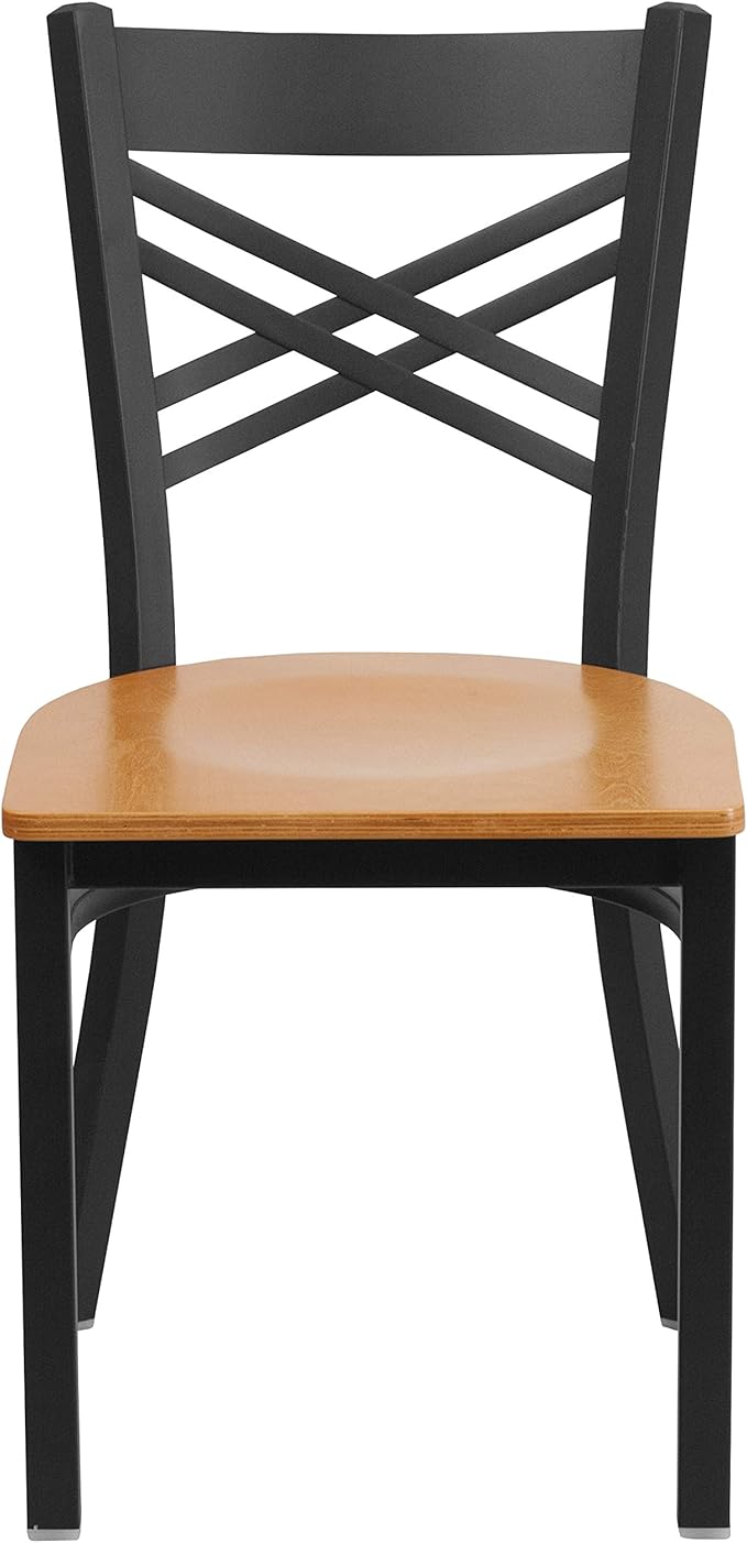 Flash Furniture HERCULES Series Black ''X'' Back Metal Restaurant Chair - Natural Wood Seat