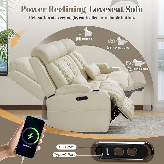 Zero Wall Hugger Power Reclining Sofa with Adjustable Headrest, Electric Reclining Couch with Drop-Down Table,Outlets, Power Loveseat Recliner Sofa for Living Room (PU Beige, 3 Seat) | Cat-Proof Leather
