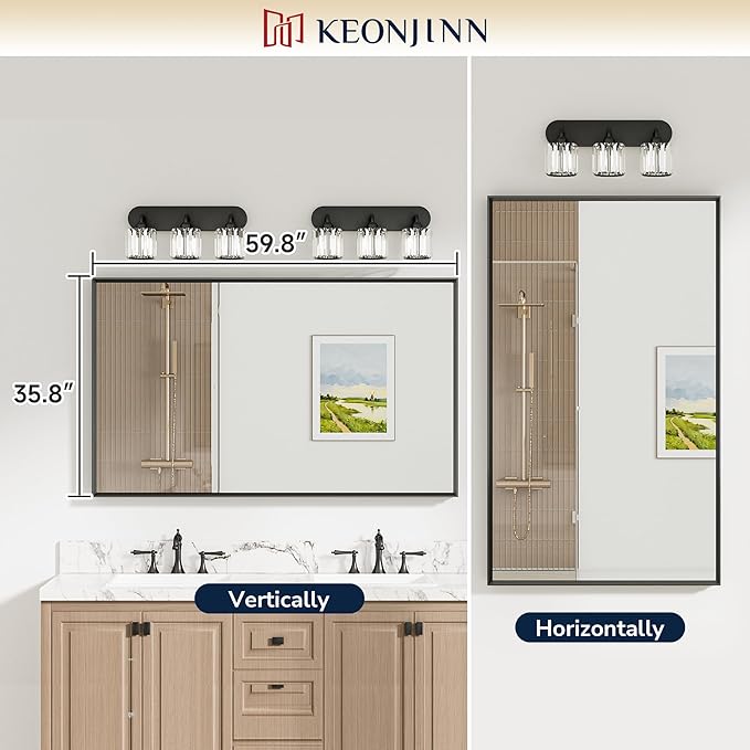 Keonjinn 60 x 36 Inch Brushed Nickel Bathroom Mirrors for Over Sink, Beveled Rectangle Framed Mirrors for Wall, Farmhouse Large Bathroom Vanity Mirror, Tempered Glass, Square Corner
