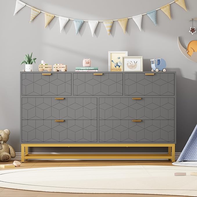 GAOMON Dresser for Bedroom, 53.5" Wide Dresser Organizer, 7 Drawer with Golden Metal Handle and Legs, Modern Chest of Drawers for Closet, Hallway, Living Room, Entryway, Grey
