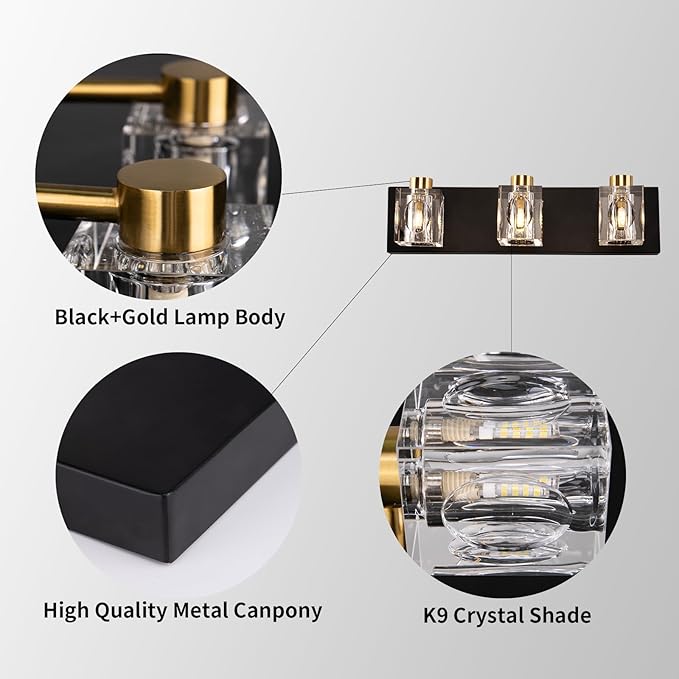 Modern Crystal Vanity Lights,3 Light Bathroom Vanity Light fixtures,Black and Gold Bathroom Lights Over Mirror,Wall Sconces Light for Bathroom,Hallway Bedside Stairway