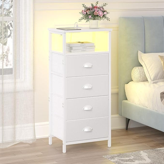 Nightstand with Charging Station,LED White Nightstand with 4 Fabric Drawers PU Finish, Bedside End Tables, 2-Tier Open Storage Shelf Side Table Nightstand with Drawers for Bedroom,White