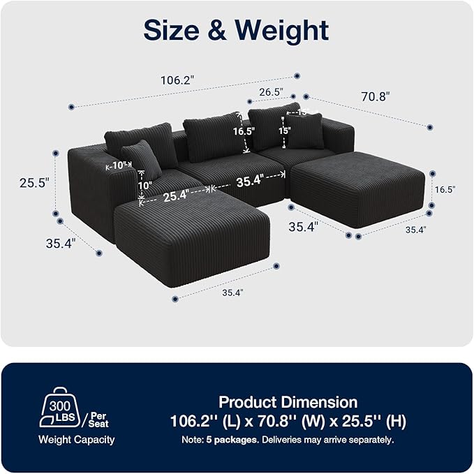 Avenco 106.2” U-Shaped Modular Sectional Sofa Couch with 2 Ottomans, Individually Wrapped Coil Support & Corduroy Fabric, Zero Assembly 5-Piece Set for Mid-Size Living Room, Black