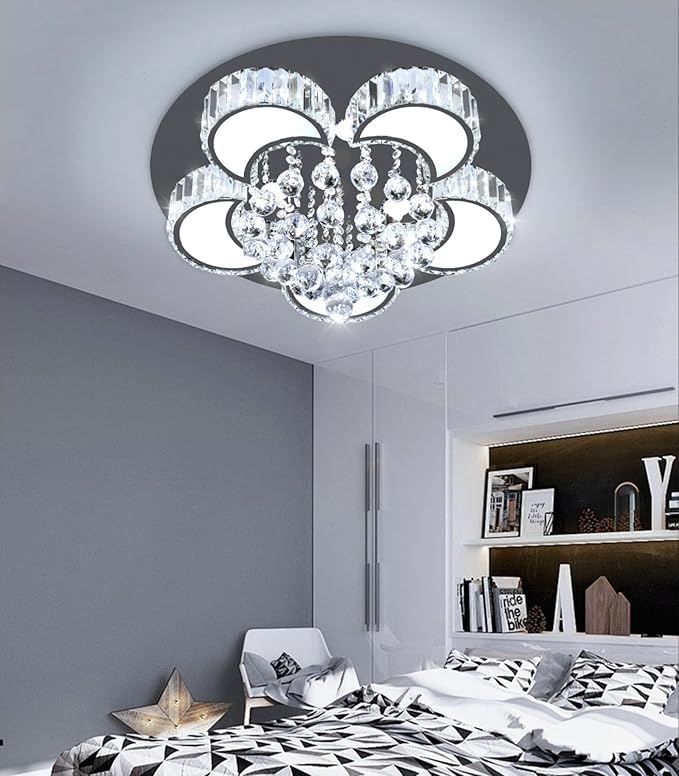 23.6'' Black Modern Crystal Chandeliers for Dining Room LED Dimmable Light Fixtures Flush Mount Light Living Room Bedrooms