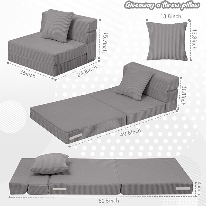 MeMoreCool Folding Sofa for Kids, Corduroy Fold Out Futon Chair, Small Foldable Floor Mattress, Portable Children Couch Sofa, Light Grey