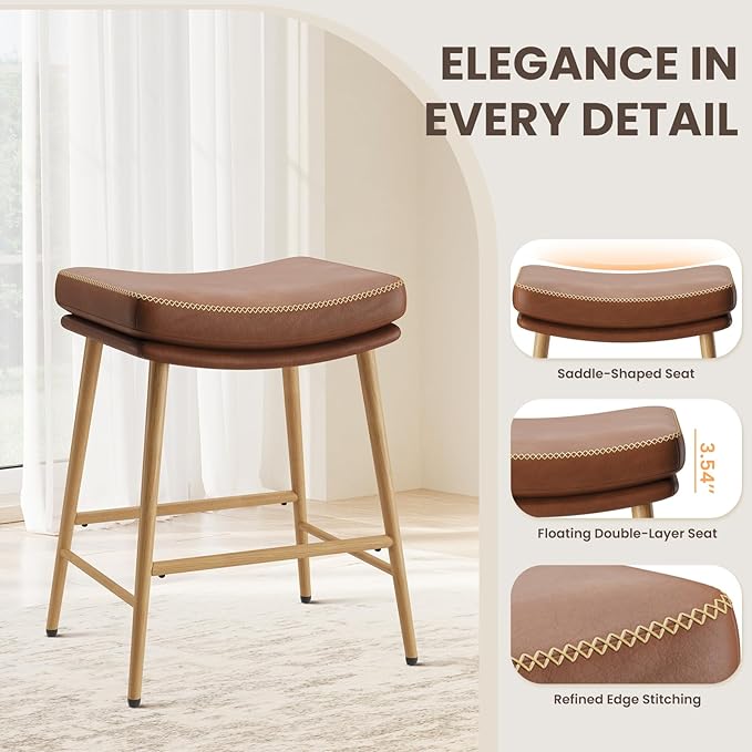 Bar Stools Set of 2, Counter Height Bar Stools with Thick PU Leather Saddle Seat & Sturdy Metal Frame Legs,Backless Bar Stools for Kitchen Island Dining Cafe,Brown