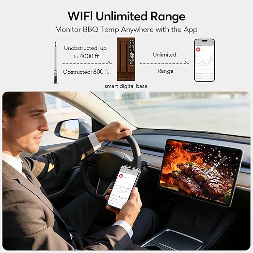 (Luxury Walnut Wood) WiFi Sub-1G Wireless Meat Thermometer Unlimited Range 7 NIST Certified Sensors with Ambient Temp 2 Temp Monitoring Ways Digital Smart Base and App for Smoker, Grill, Oven