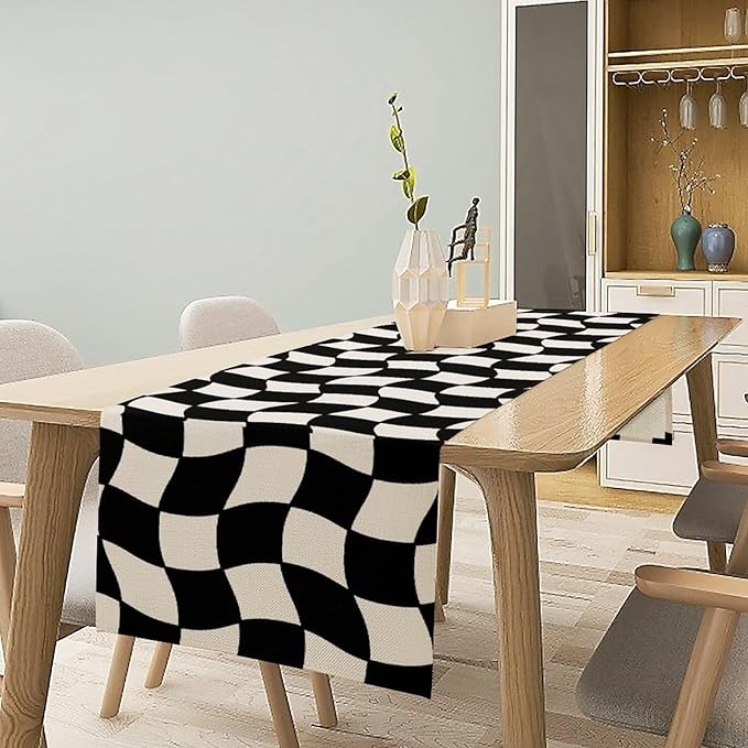 Black White Plaid Table Runner Hippie Abstract Plaid Racing Car Birthday Party Decoration Kitchen Dining Room Decor 13x60in