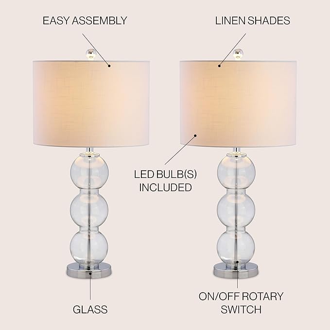 JONATHAN Y 27" Clear/Chrome Triple-Sphere Glass Table Lamp Set of 2, Bedside, White Linen Shade, Modern Table Lamps for Living Room, Bedroom, Office, LED Bulbs Included (JYL1070D-SET2)