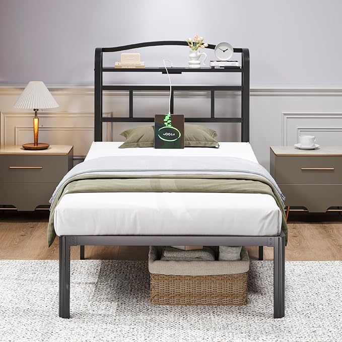 Twin Bed Frame - Storage Headboard with Charging Station, 14 Inch Sturdy Metal Platform Bed Frame No Box Spring Needed, Easy Assembly, No Noise, Black