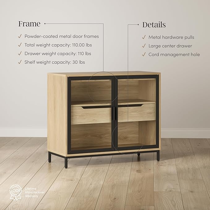 Nathan James Mackenna Metal and Glass Sideboard Accent Cabinet with Two Doors, Oak Credenza for Kitchen or Living Room Set of 3