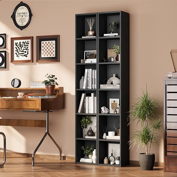 71.5" Tall Bookshelves and Bookcases Set of 2, 6 Tier Display Storage Shelves Home Decor Furniture for Home Office, Living Room, Bed Room (Black, 11.8" Narrow)